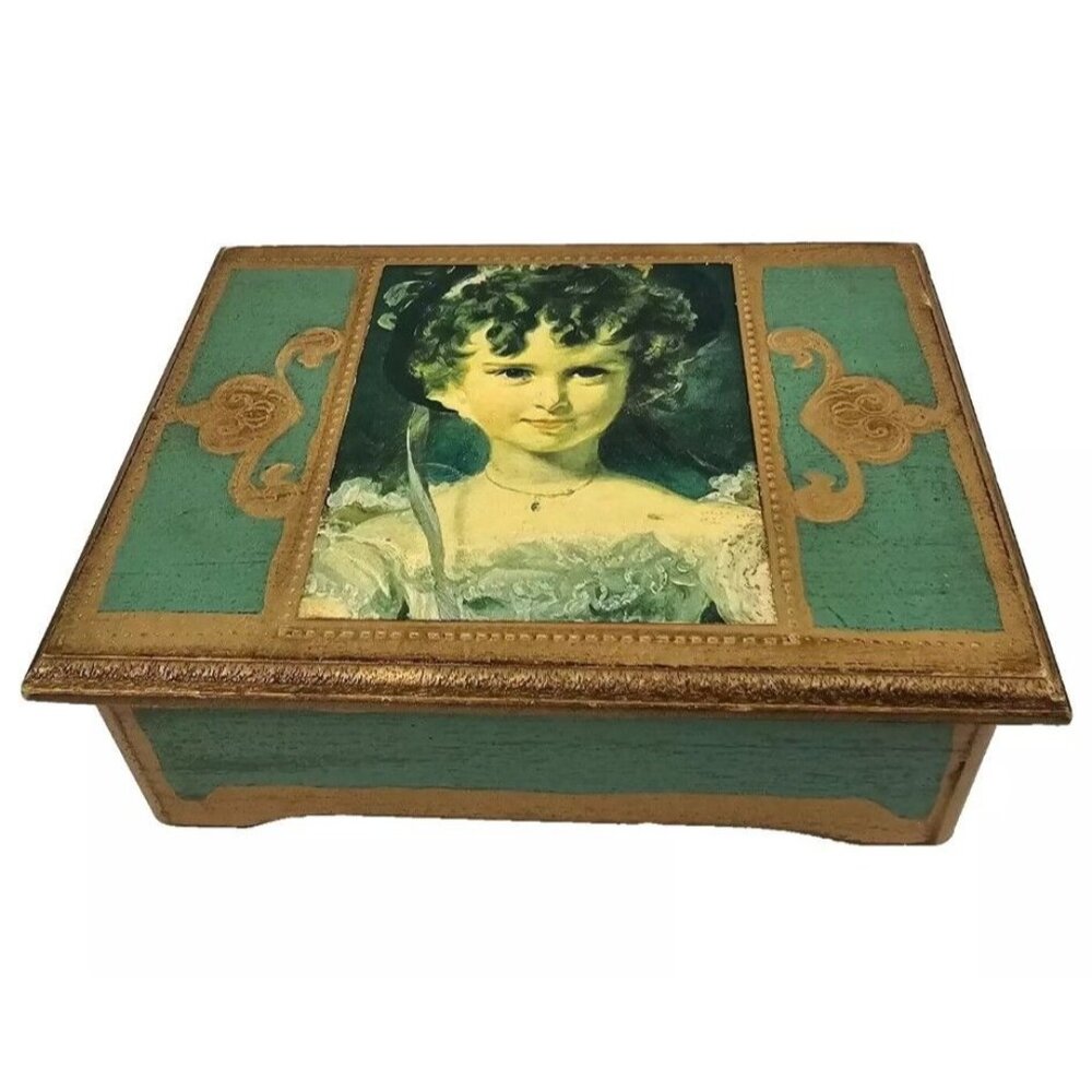 Vintage Wooden Jewelry Box With Victorian Girl Portrait Green & Gold Accents Vel